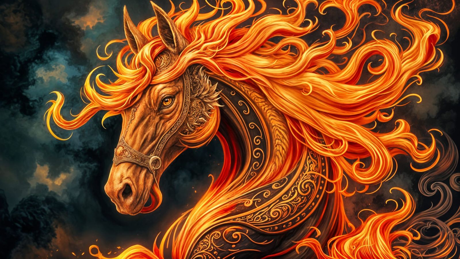 Fantasy Jungle Fire Horse Portrait in Ornate Detail