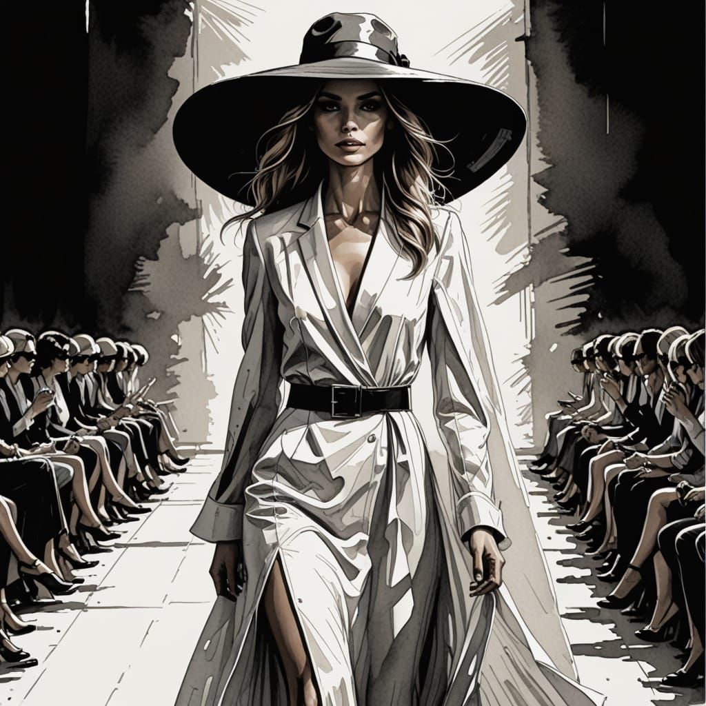 Elegant Fashion Model Struts Runway in a Stunning Pencil Ske...