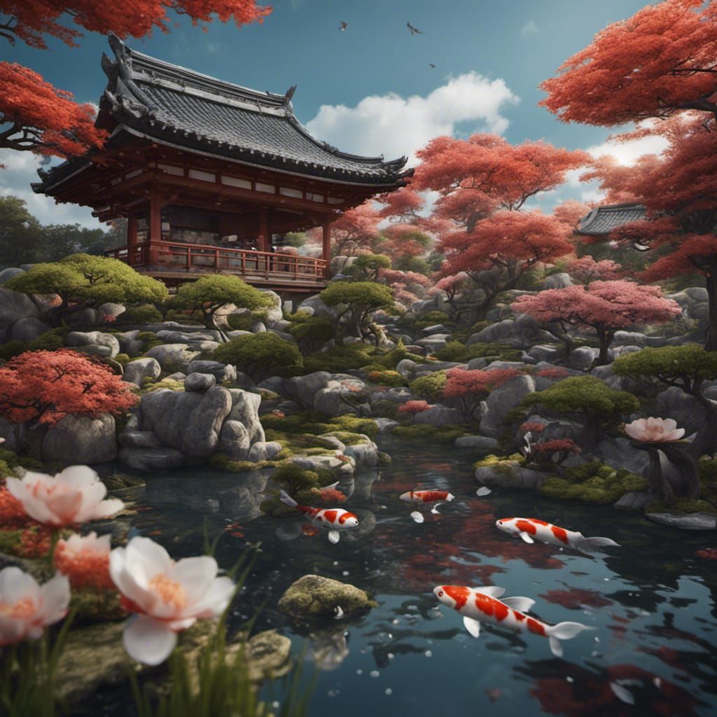 Japanese Garden with Koi Pond in Matte Painting Style