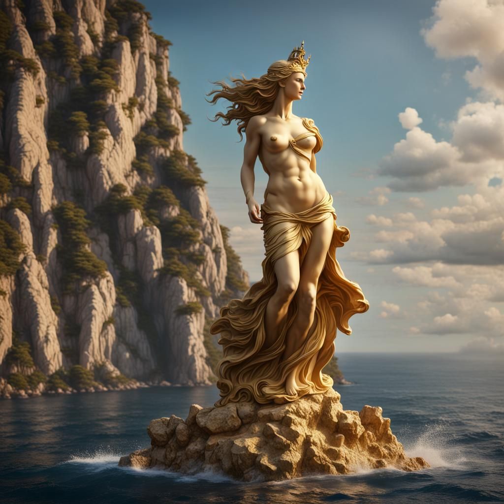 Majestic Gold Aphrodite Sculpture on Cliffside