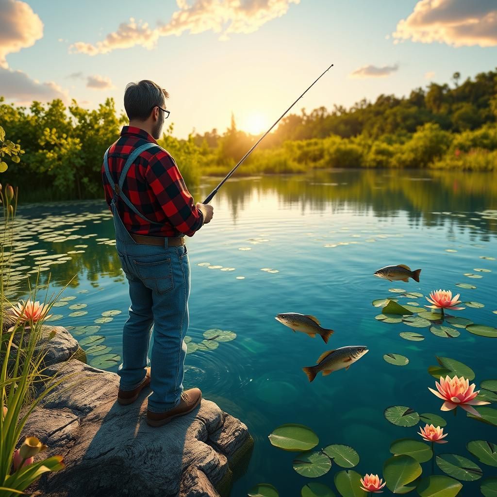 Fisherman on Pond at Sunset in 3D Style