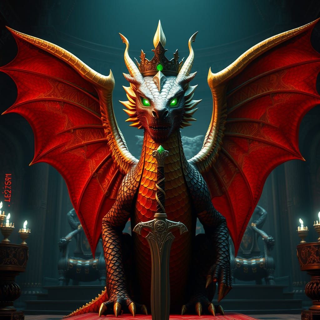 Regal Dragon King in Obsidian Throne Room with Golden and Cr...