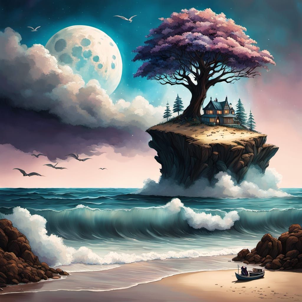 Surreal Beach Scene with Ancient Tree and Glowing Orbs