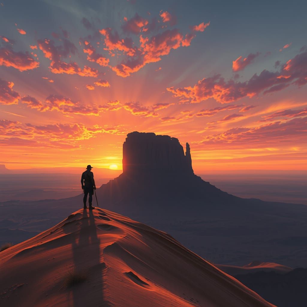 Imagine a lone figure standing on the precipice of a towerin...