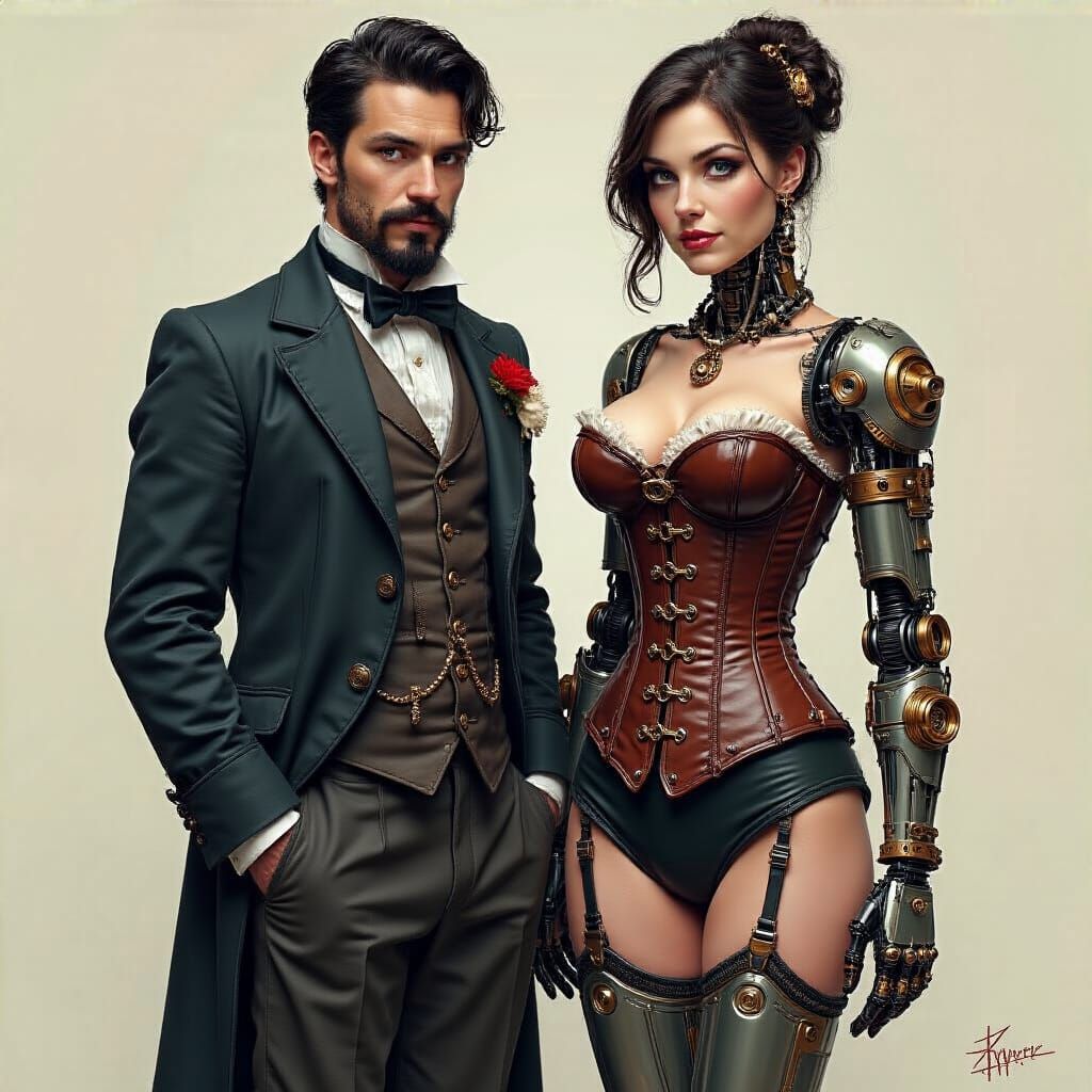 Steampunk Gentleman and Cyborg in Victorian Era Style