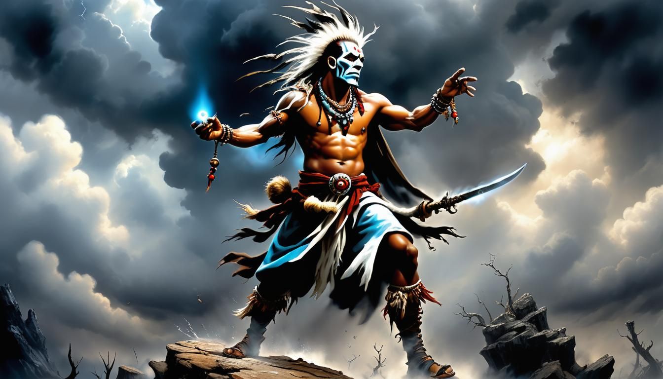 Witch Doctor Conjuring Spells in Fantasy Art Style