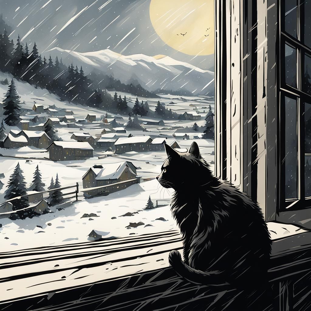 Sinister Cat Gazing at Snowy Landscape