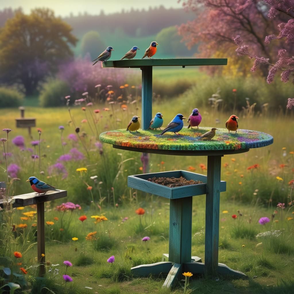 Psychedelic Birds at a Bird Table in Meadow