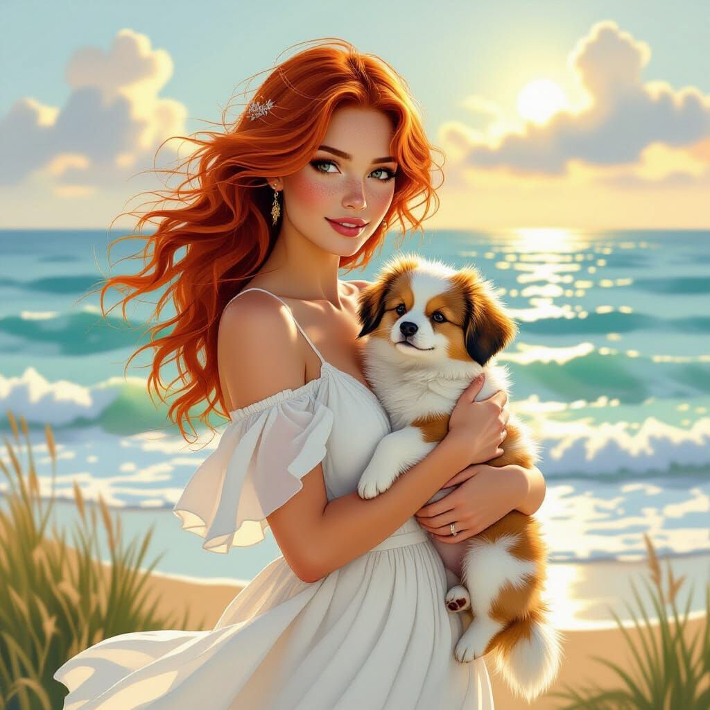 Red-Haired Woman with Dog, Watercolor Portrait