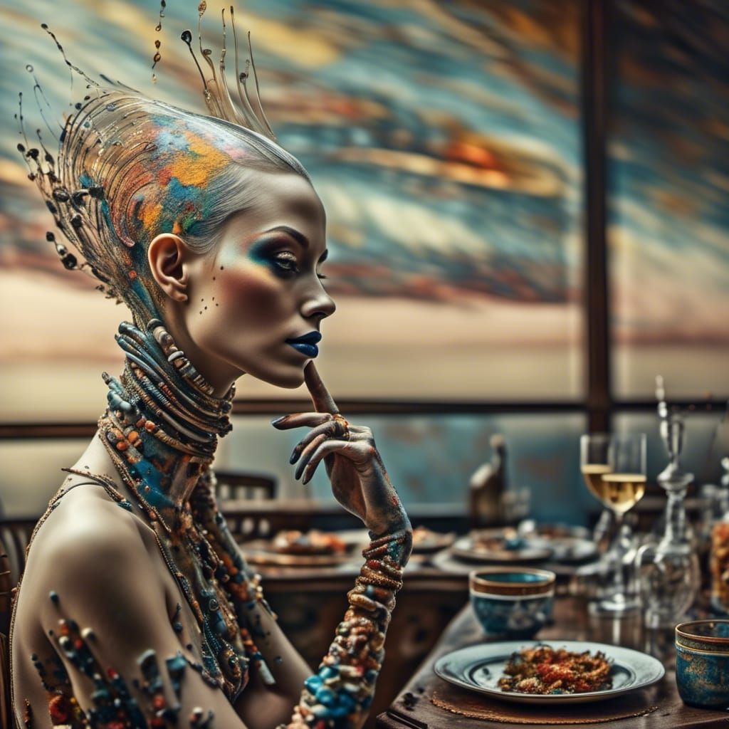 Beautiful Alien at Table: Polychromatic Matte Painting