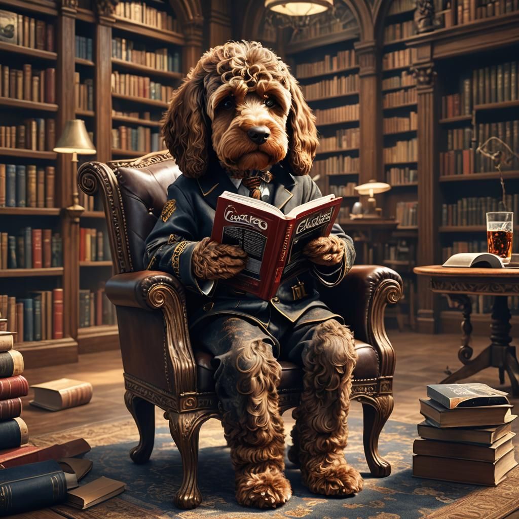 Brown Cockapoo Reads in Library: Detailed Matte Painting