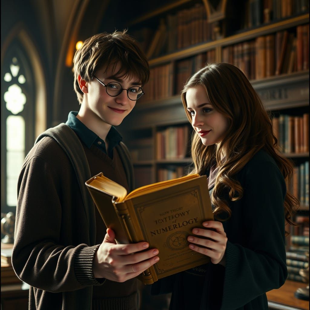 Harry and Hermione study the book "New Theory of Numerology".