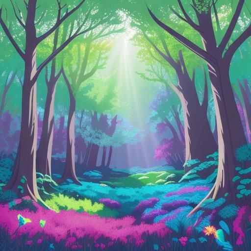 Vibrant Fantasy Forest with Flying Fairies, Vector Art