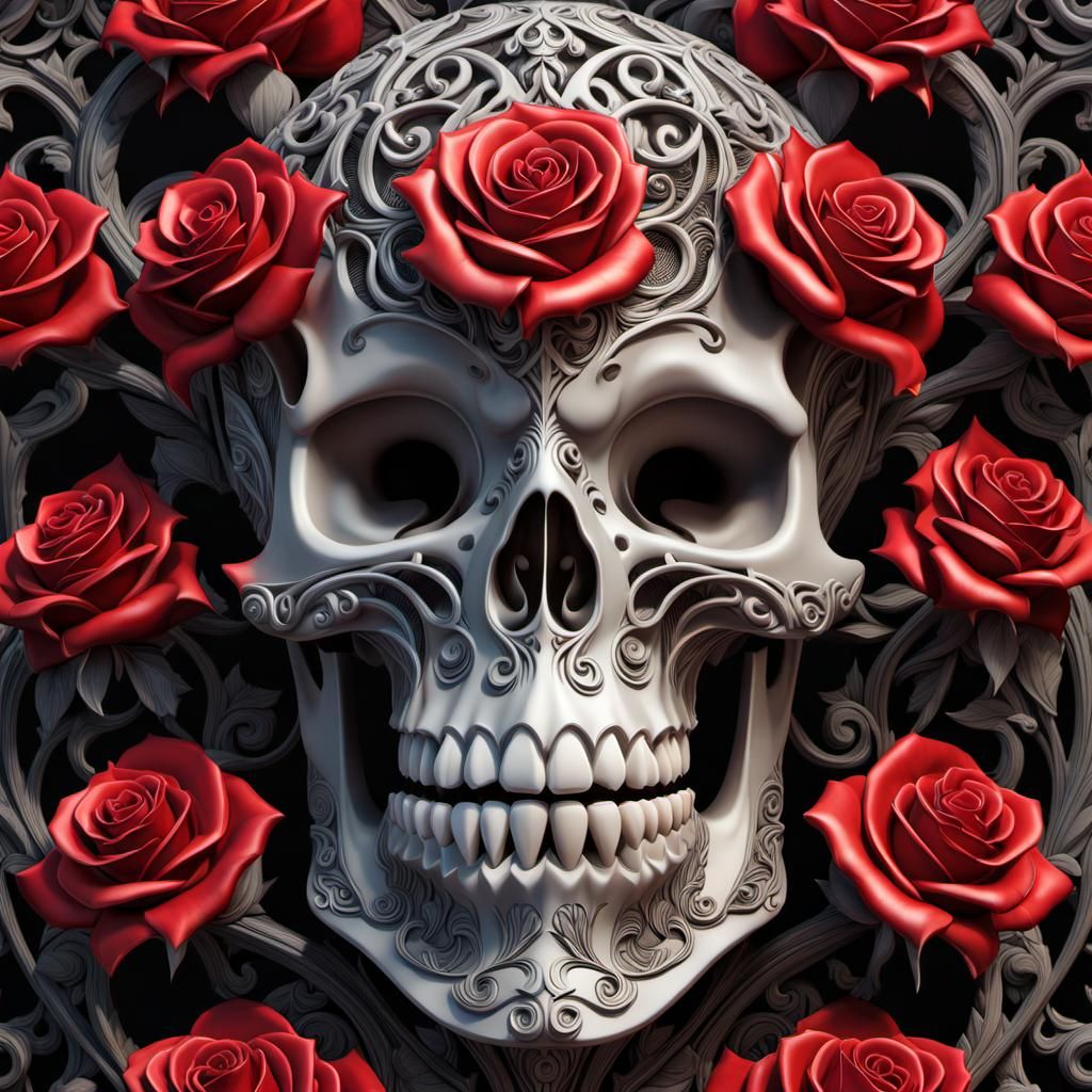 Red Rose Skull: Organic Horror in Baroque Art Nouveau Style