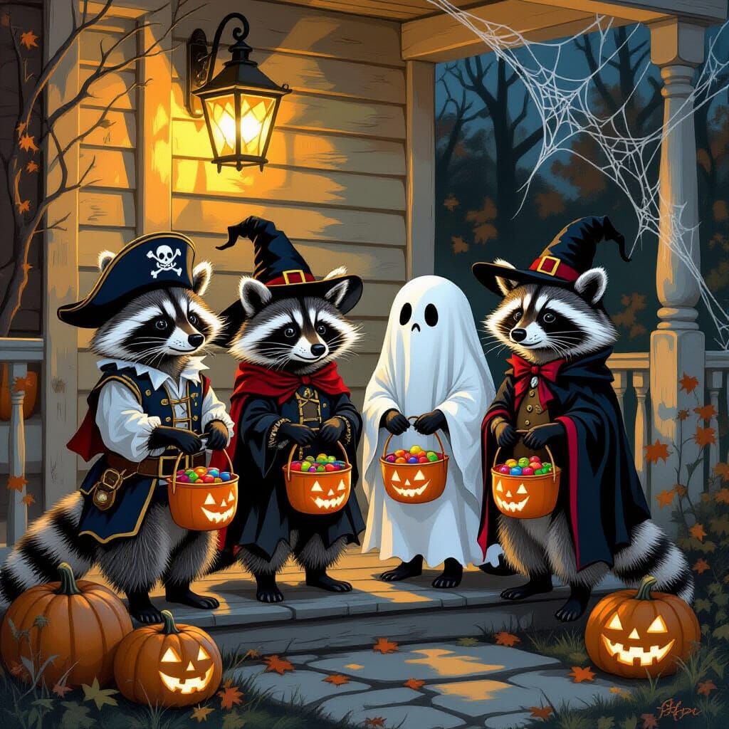 Whimsical Raccoons in Halloween Costumes on Porch