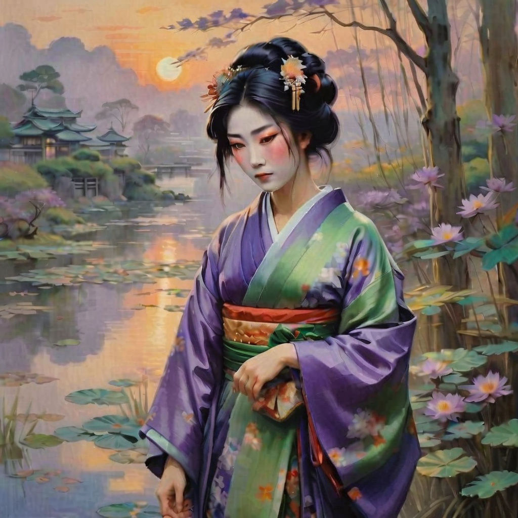 Surreal Geisha Amidst Sunrise Masterpiece