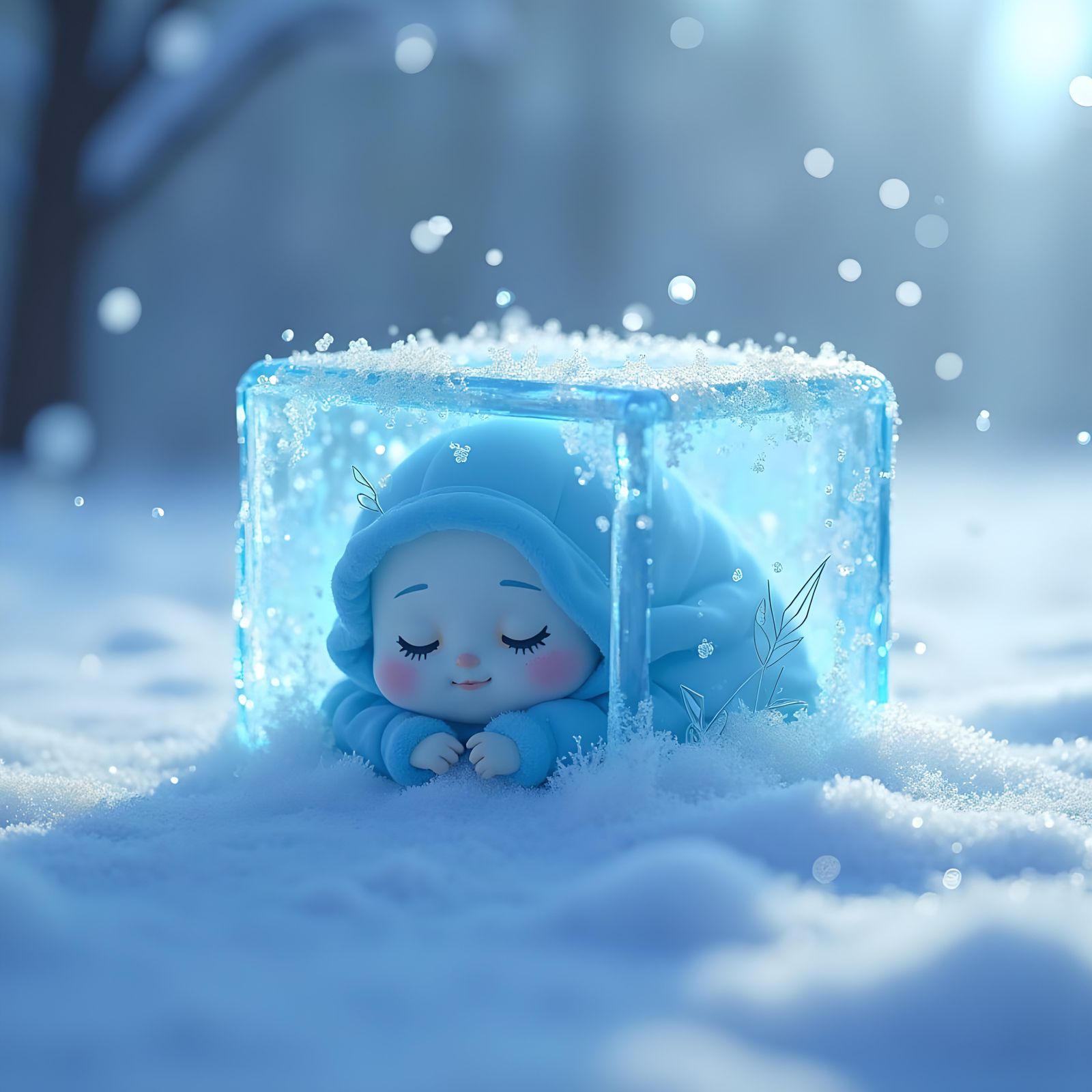 CGI Cartoon Ice Cube Sleeping: Cold Weather Art