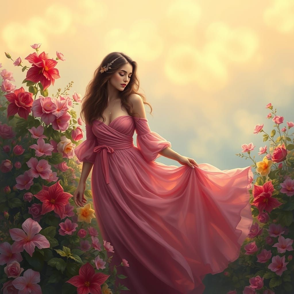 A vibrant, surreal portrait of a woman surrounded by bloomin...