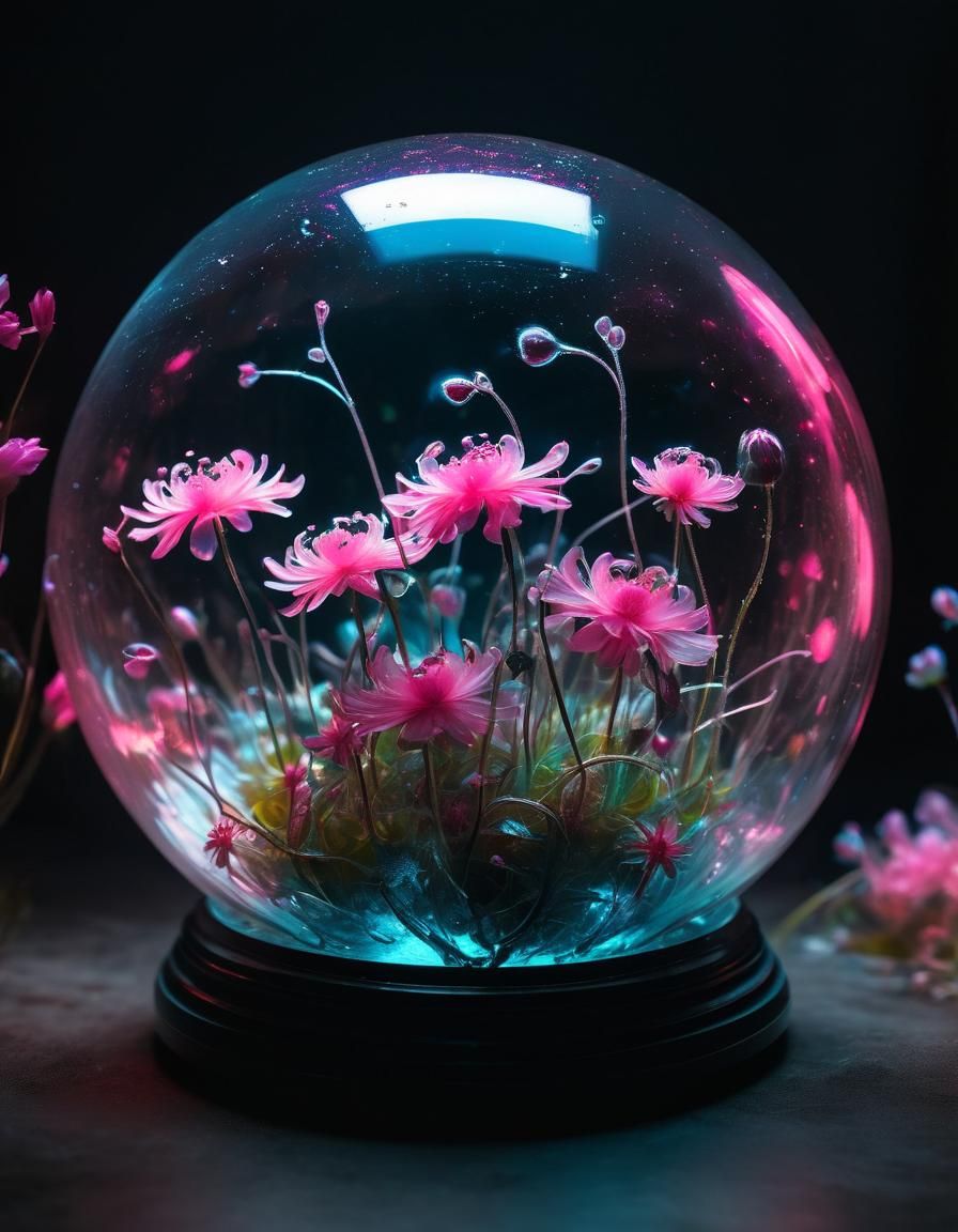 Bioluminescent Flowers in Glass Orb: Macro Photography