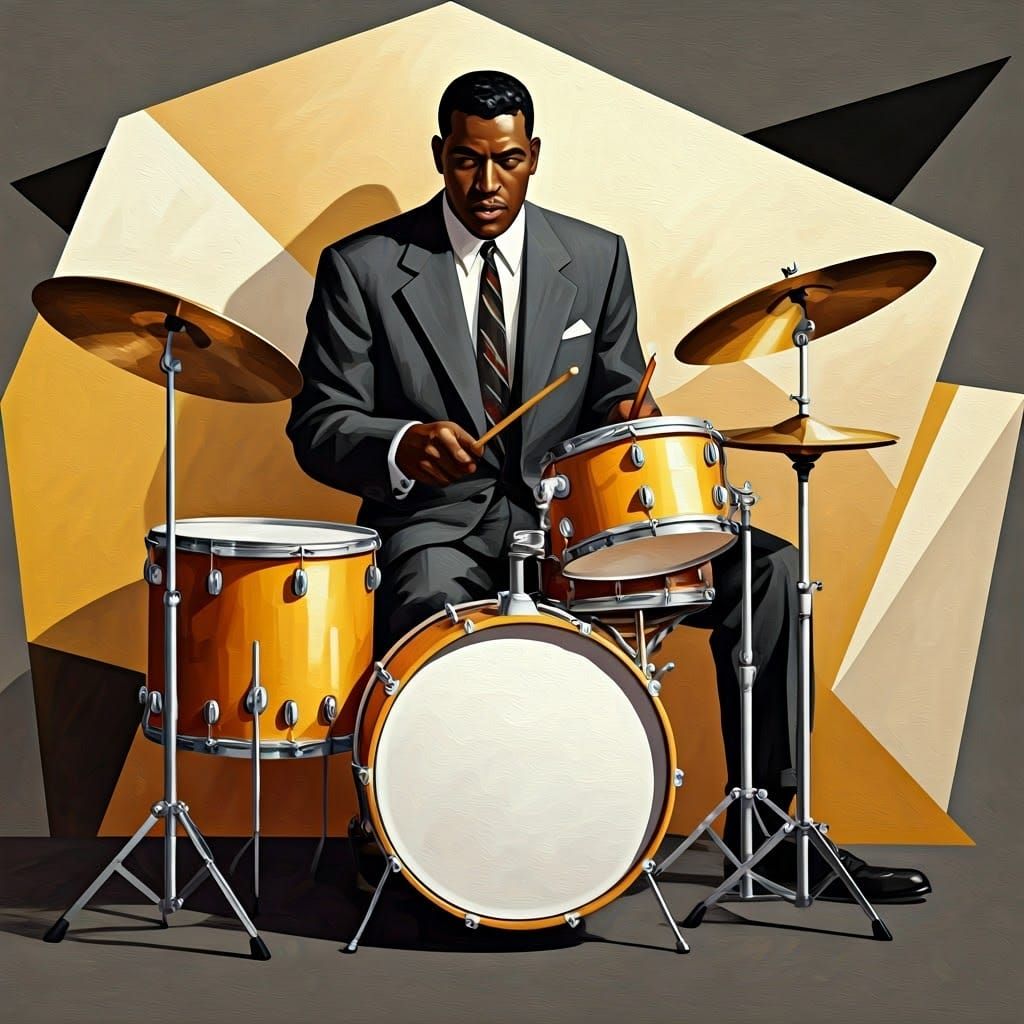 Jazz Drummer Fragmented in Geometric Cubism