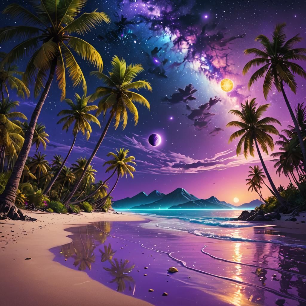 Surreal Tropical Beach with Alien Sky