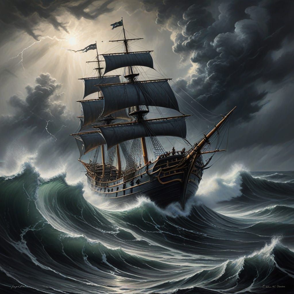 Pirate Ship Endures Stormy Seas in Dynamic Charcoal Drawing
