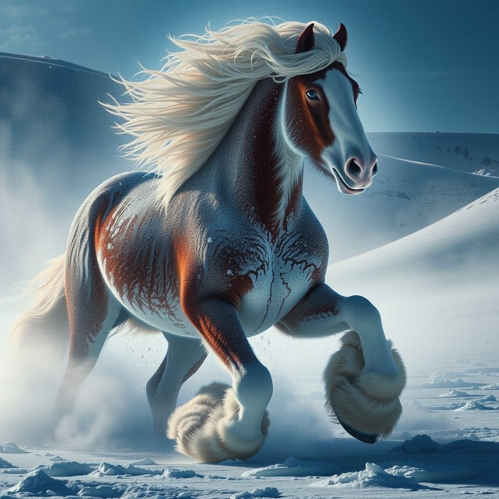 Majestic Clydesdale Gallops Across Snowy Tundra