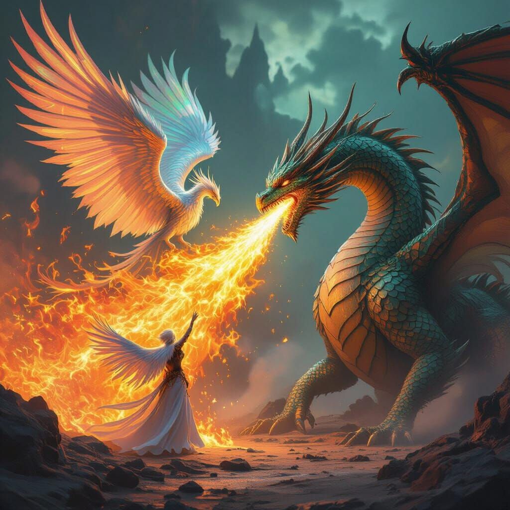 Phoenix vs Dragon Epic Fantasy Matte Painting