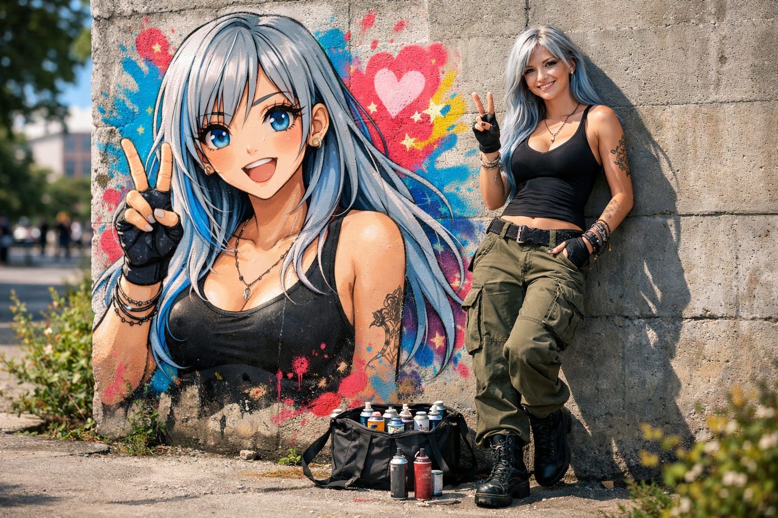 Street Art Portrait of Woman Spray Painting Manga Style
