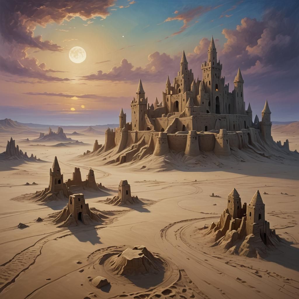 Ethereal Sandcastle Ruins in Twilight: Oil Painting