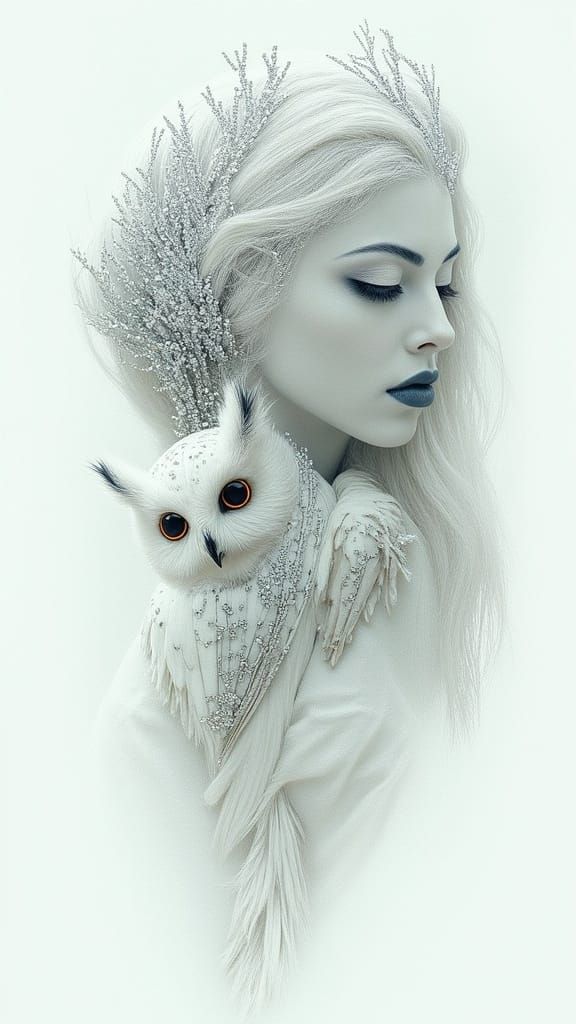 Snowflake Goddess Portrait in Charcoal and Pencil Style