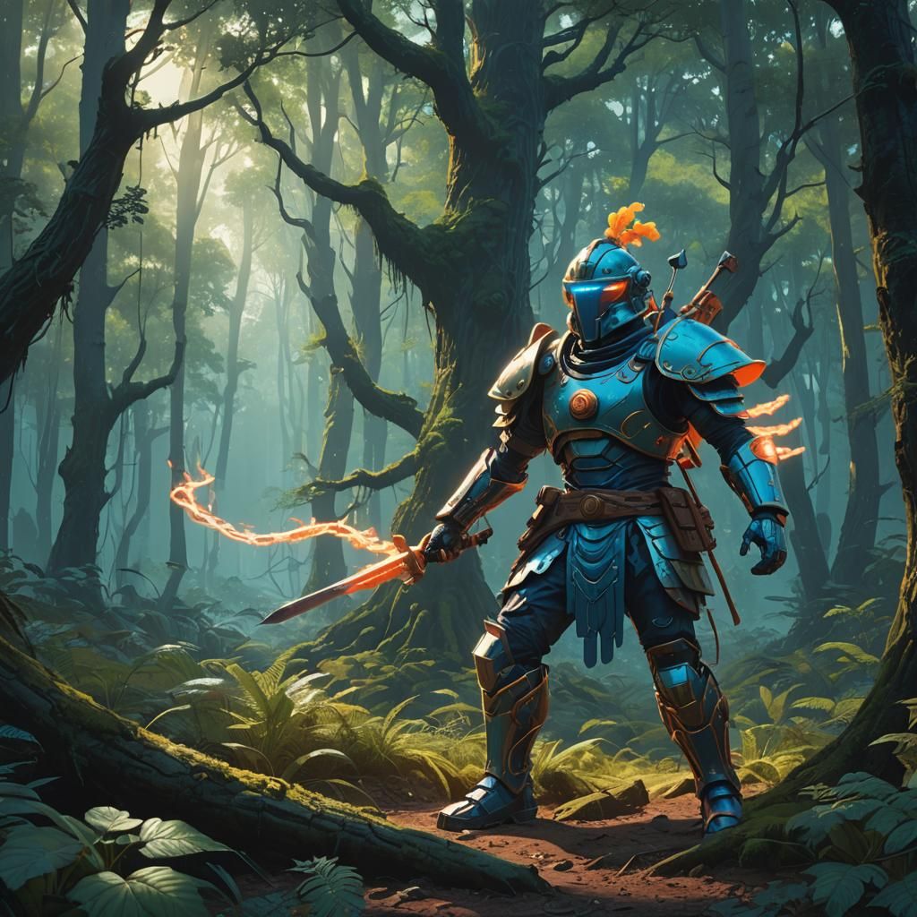 Mystical Warrior in Ethereal Forest: Digital Matte Painting