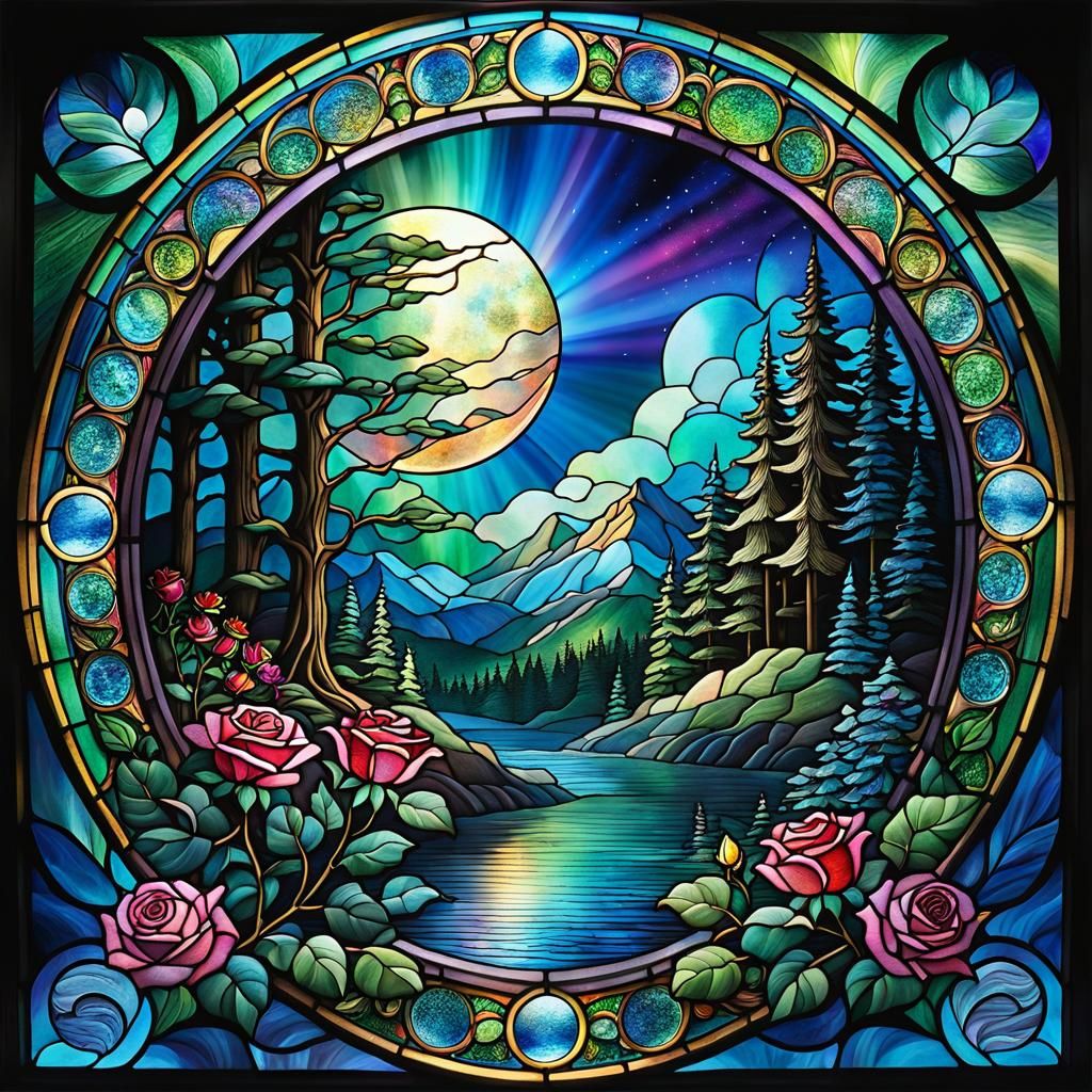 Stained Glass Blue Moon with Rainbow Aura