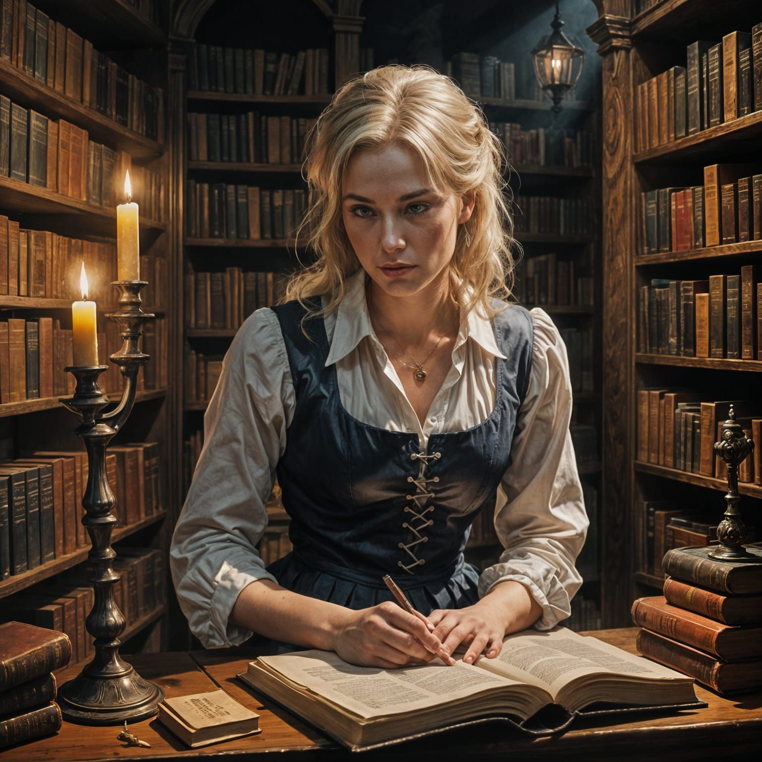 Ethereal Norwegian Librarian in a Haunting Library Scene