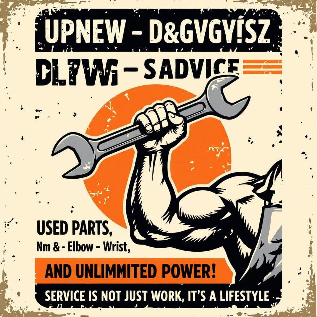 Vintage Industrial Sticker: DÖGVÉSZ SERVICE with Muscular Ar...