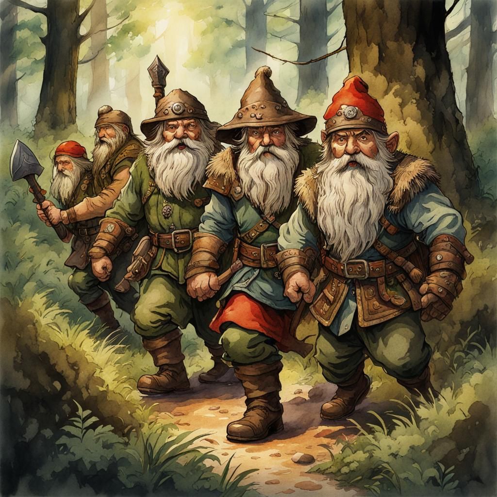 Dwarf Fighters in Forest Clearing Watercolor