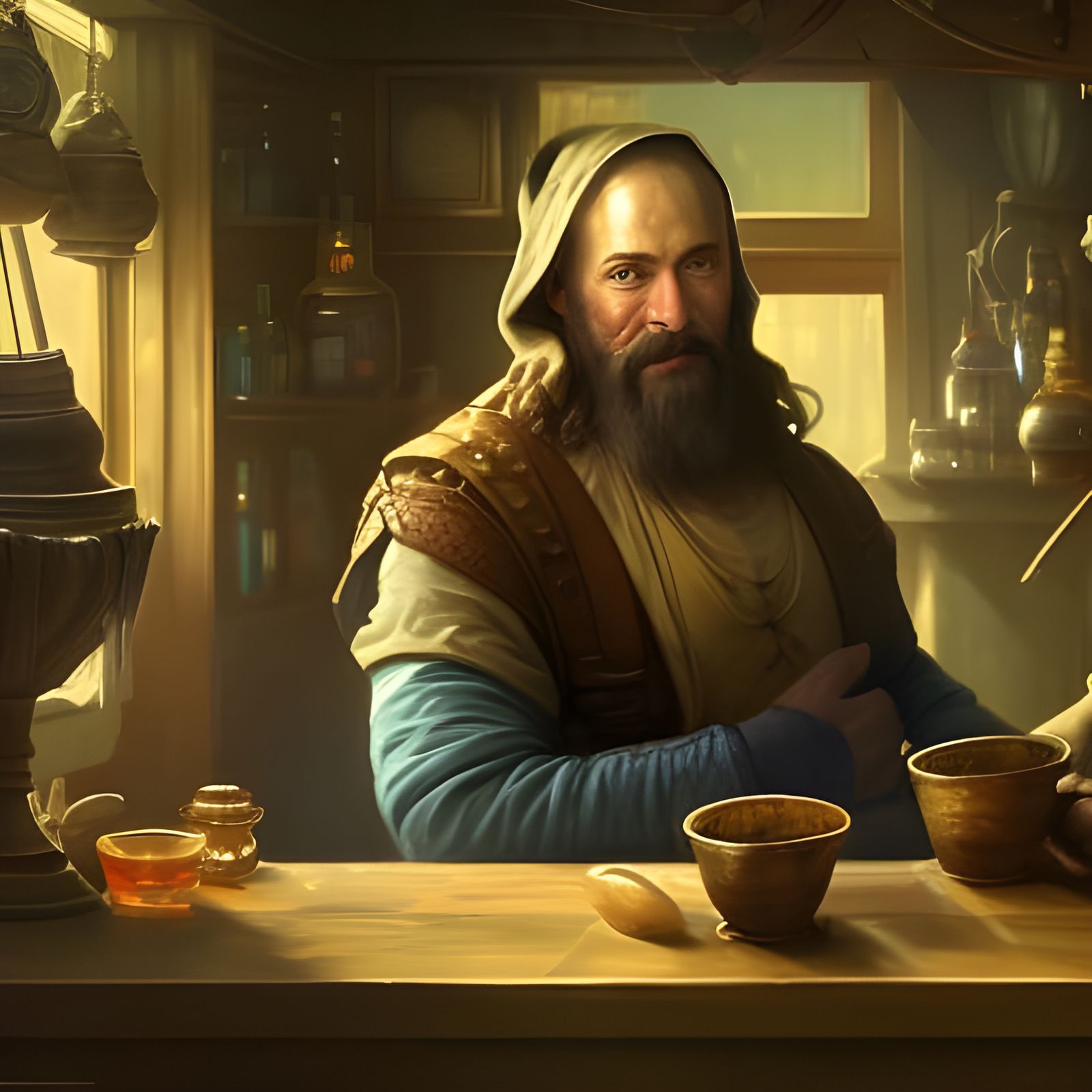 Cheerful Innkeeper in Tavern, Detailed Matte Painting