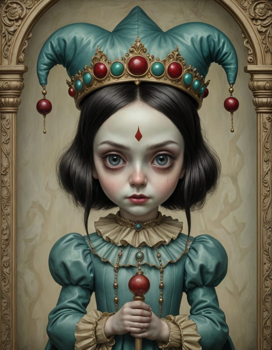 Whimsical Jester Girl in Haunting Surrealism