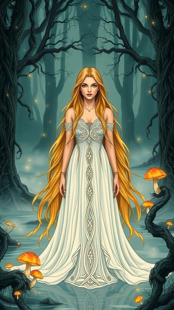 Maiden in Misty Lake, Celtic-Inspired Fantasy Art