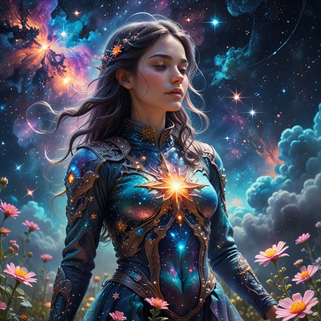 Cosmic Gardener Tending to Stars in Surrealist Oil Painting