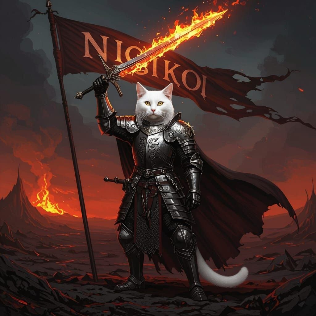 Tuxedo Cat Knight with Flaming Sword on Battlefield