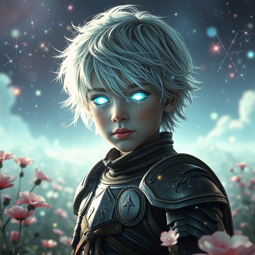 Ethereal Armored Boy with Diamond Eyes in Dreamy Landscape