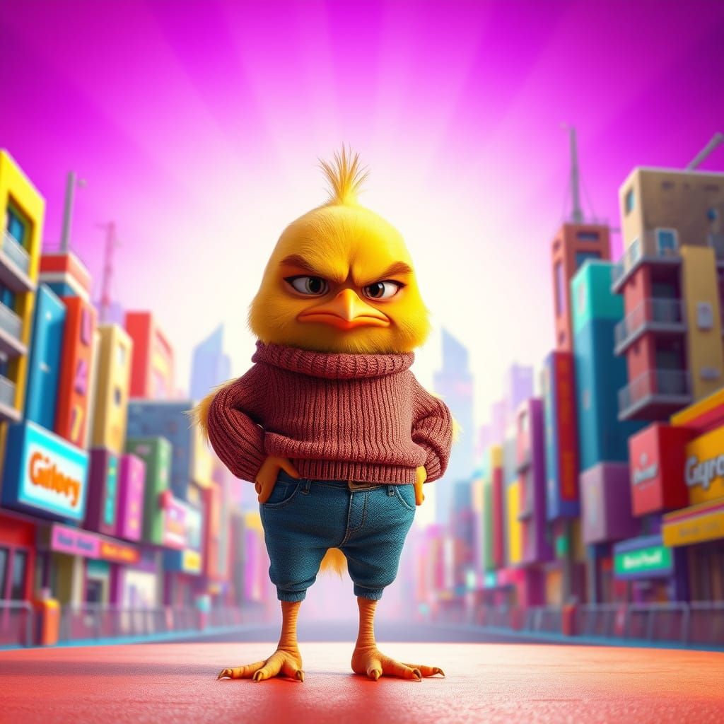 Grumpy Chick in Avant-Garde Cityscape, 3D Render
