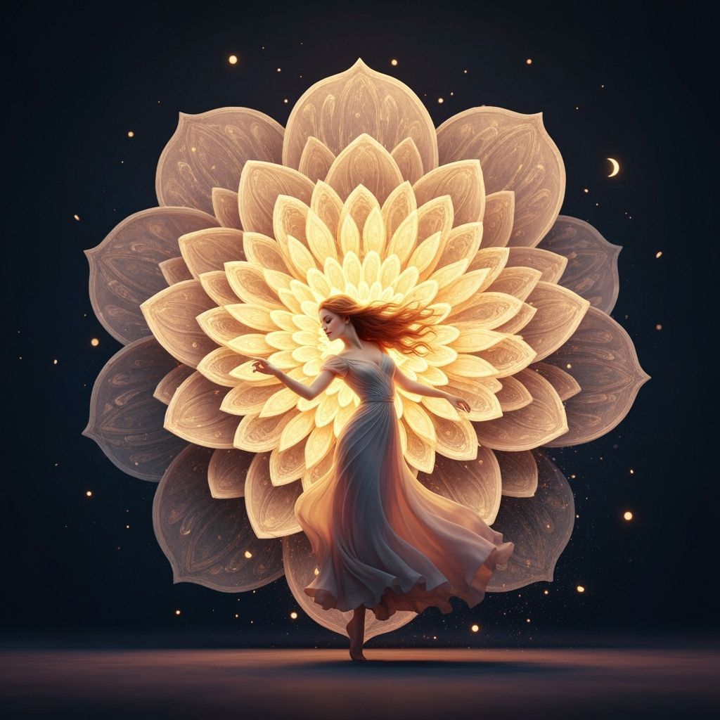 Woman Dancing in Surreal Sun and Moon Flower