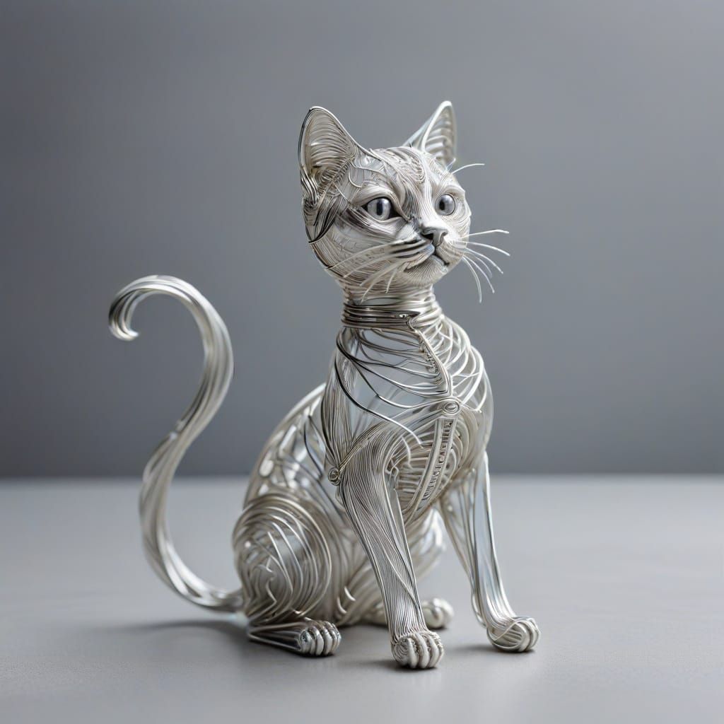 Elegant Silver Wire Cat Sculpture in Minimalist Style