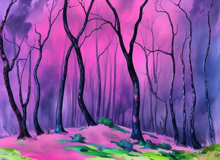 Neon Pink Mystical Fairy Forest in Gouache Style