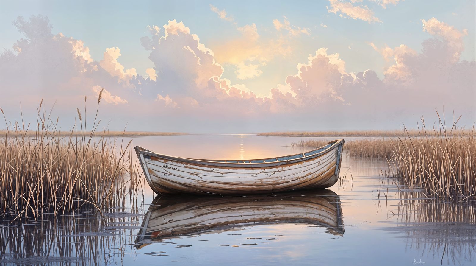 Ethereal Dawn Marsh Scene in Impressionistic Style