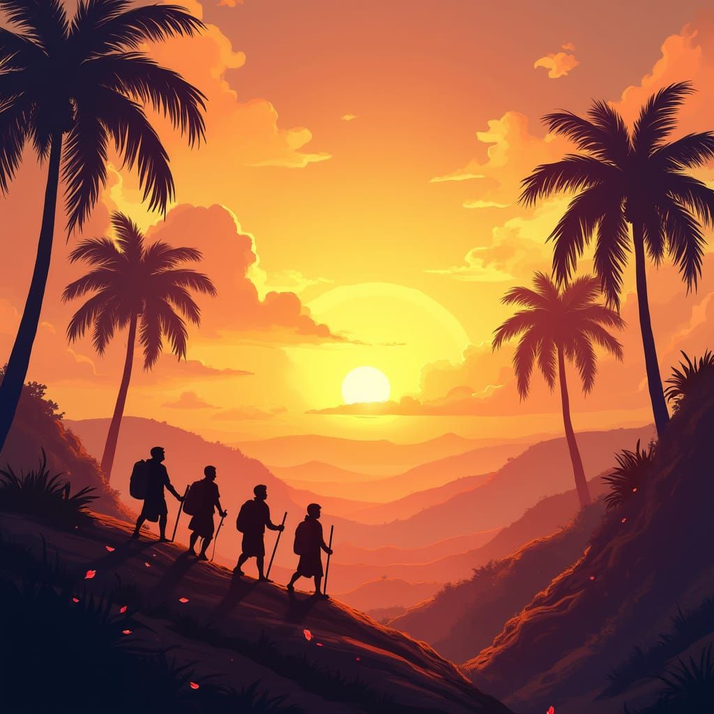 Majestic Sunrise Landscape with Palm Trees and Young Pilgrim...