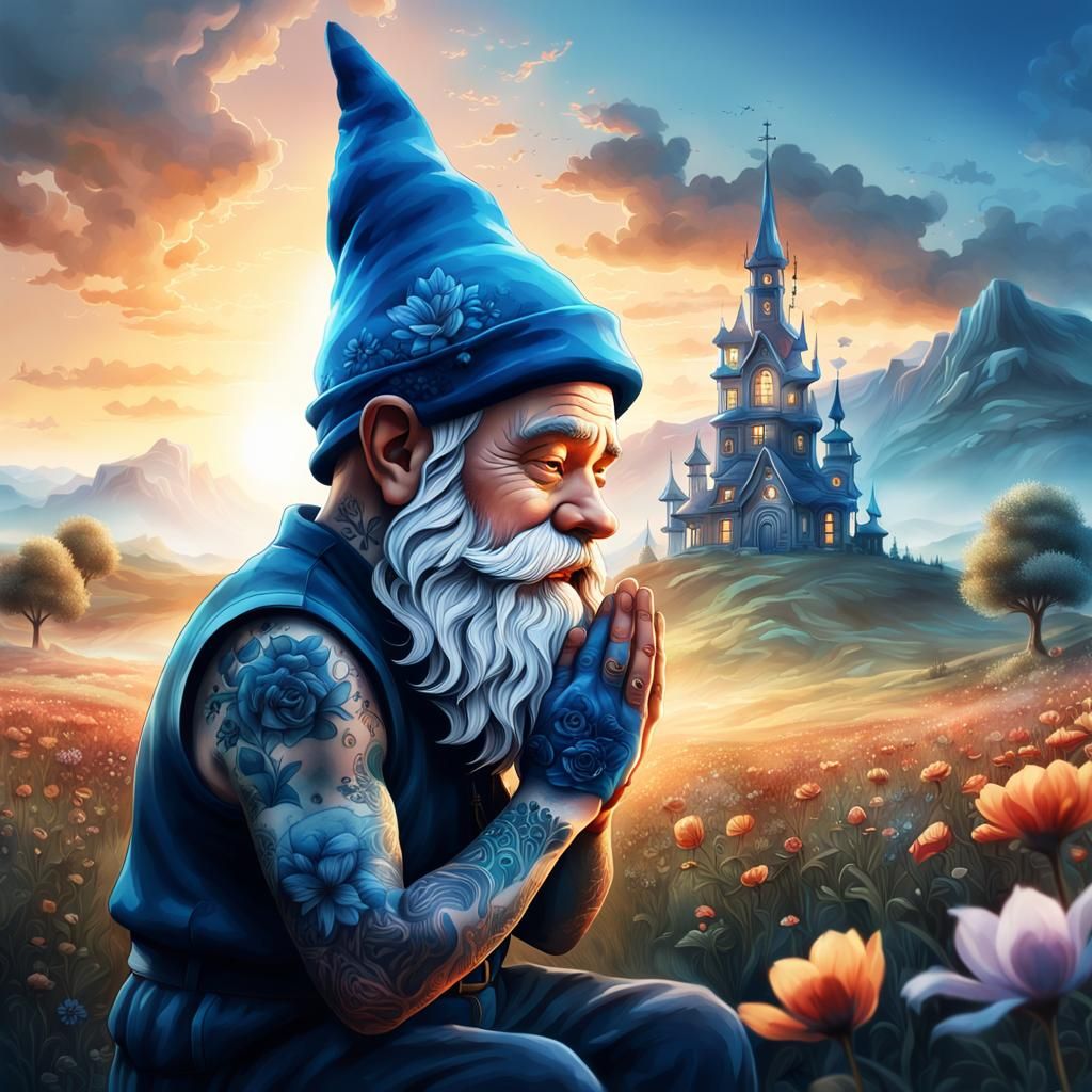 Gnome in Prayer with Smoky Blue Linework