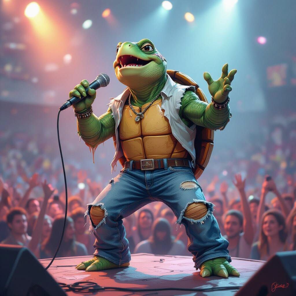 Singing Turtle Rockstar in Airbrush Acrylic Style